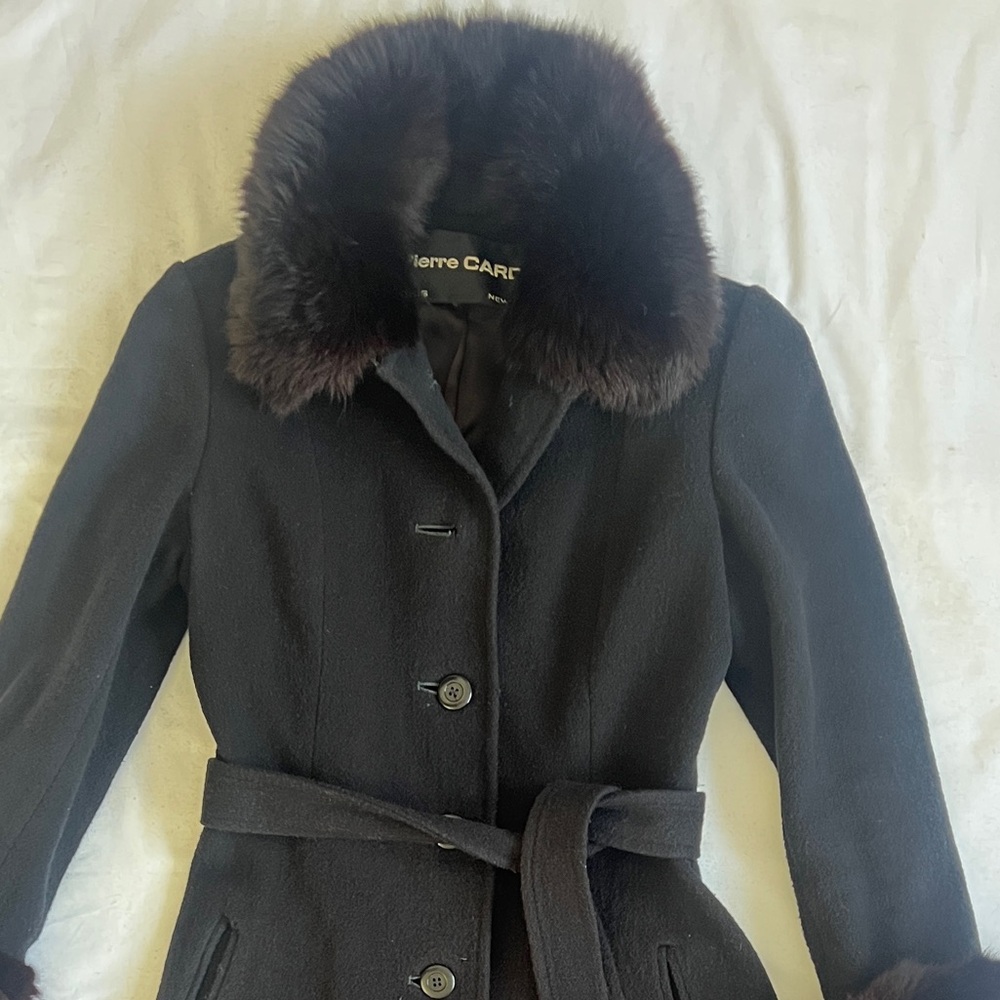 Pierre Cardin Vintage 70s Fox Fur Wool Melton Fit Flare Belted Luxe Winter Coat - Picture 6 of 15